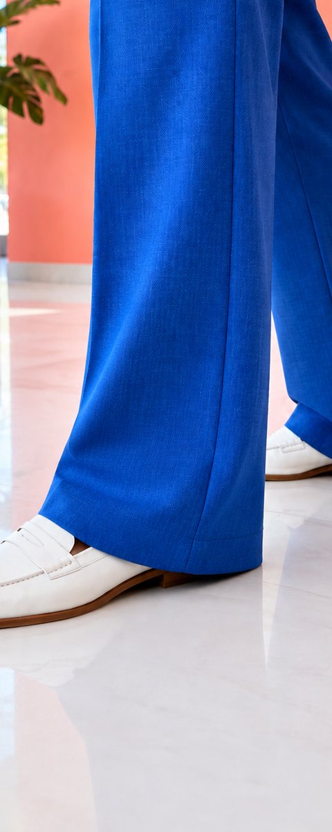 After: the cobalt trouser hems taken up above the loafers