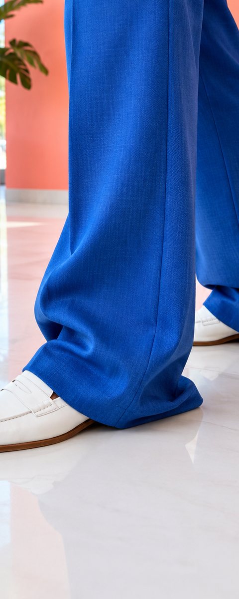 Before: cobalt trousers dragging over white loafers