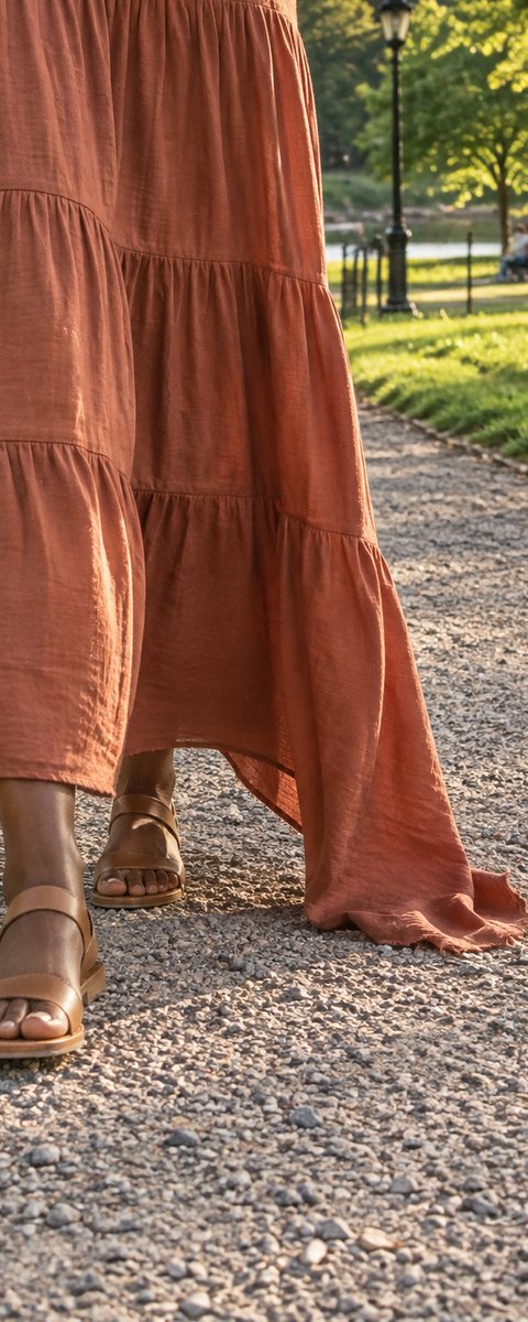 Before: a terracotta maxi skirt with an uneven, dragging hem