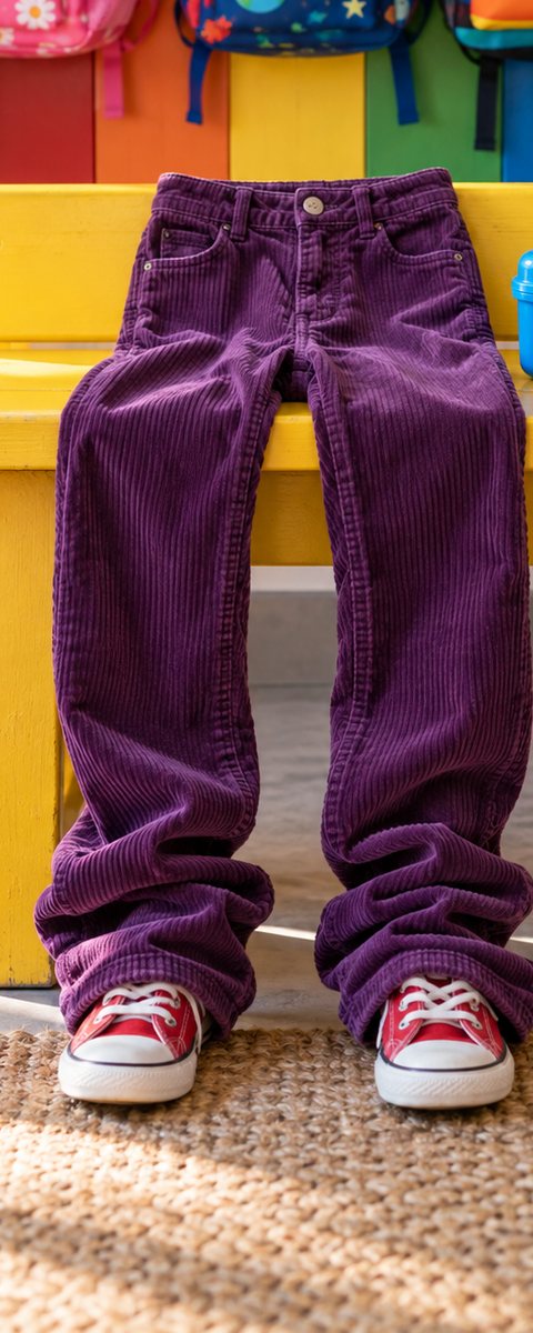 Before: kids' plum corduroy trousers too long over red sneakers