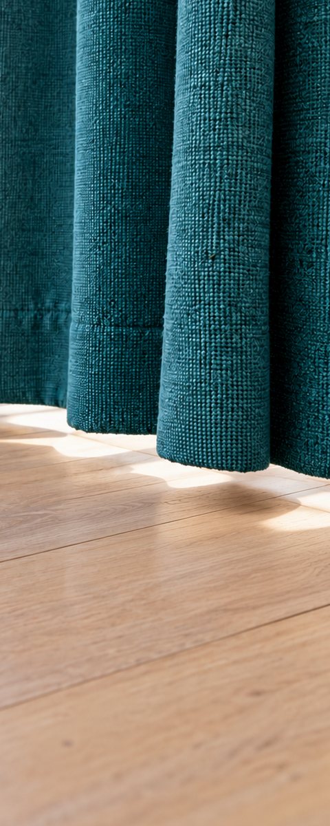 After: the teal curtain hem even just above the floor