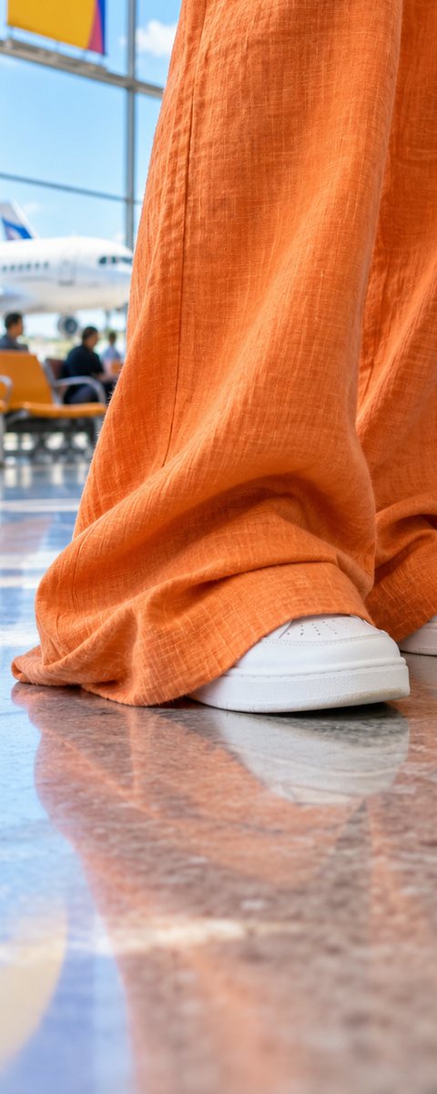 Before: tangerine trousers dragging over white sneakers