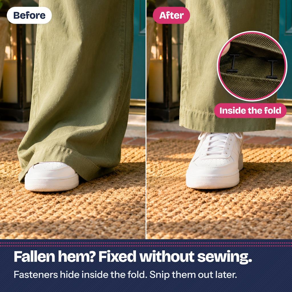 Before and after: an olive trouser hem dragging over a white sneaker, then taken up above the shoe, with black fasteners hidden inside the fold