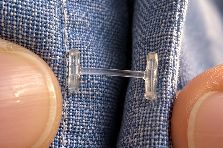One clear T-bar fastener closing the gap in a chambray shirt placket