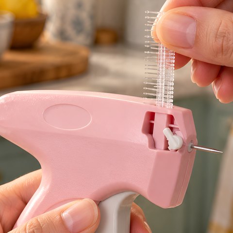 Sliding a clear fastener strip into the slot of the pink Quick Stitch