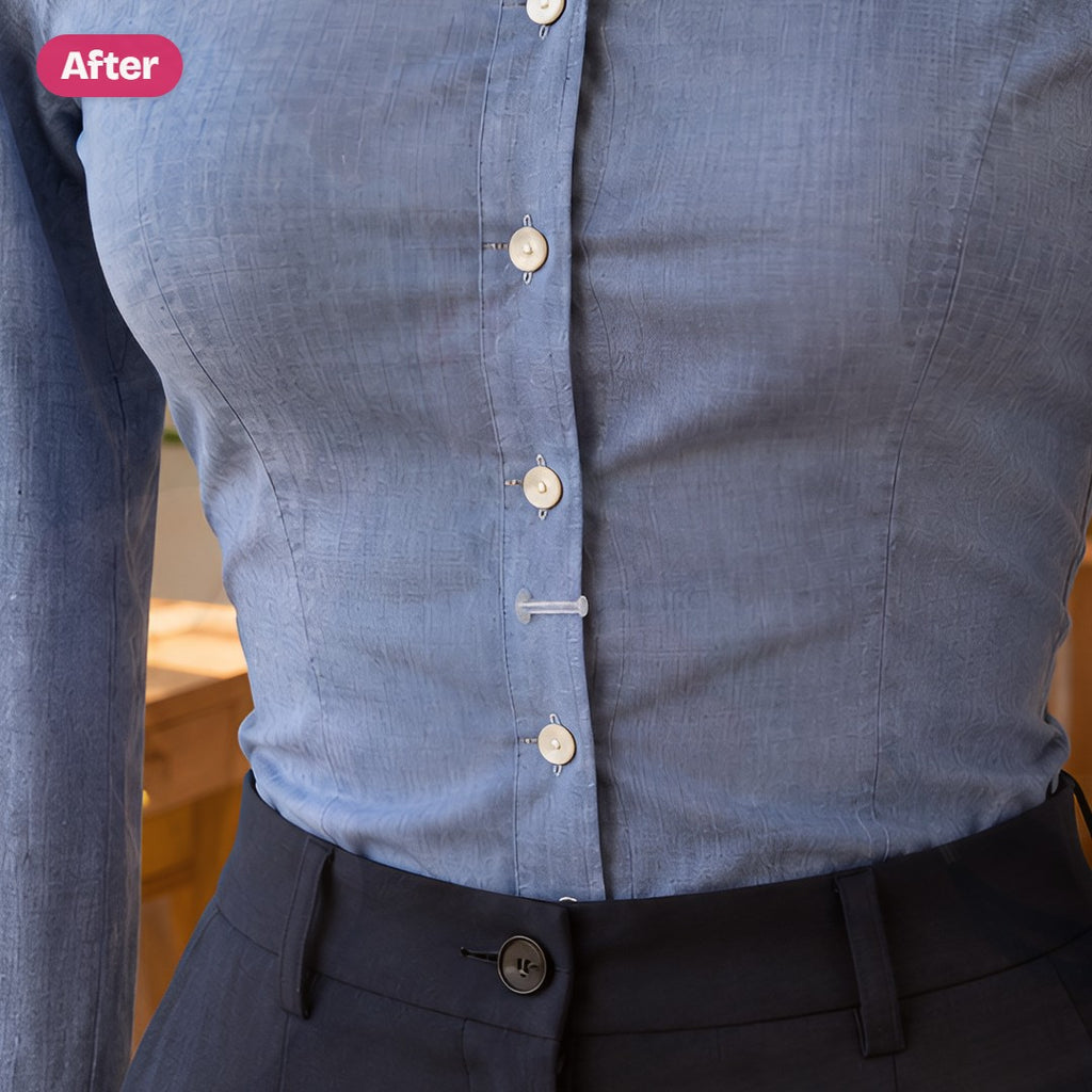 Before and after: a gaping chambray shirt closed with one clear fastener, the needle going into an olive trouser cuff, black fasteners inside the fold, and a dragging hem taken up