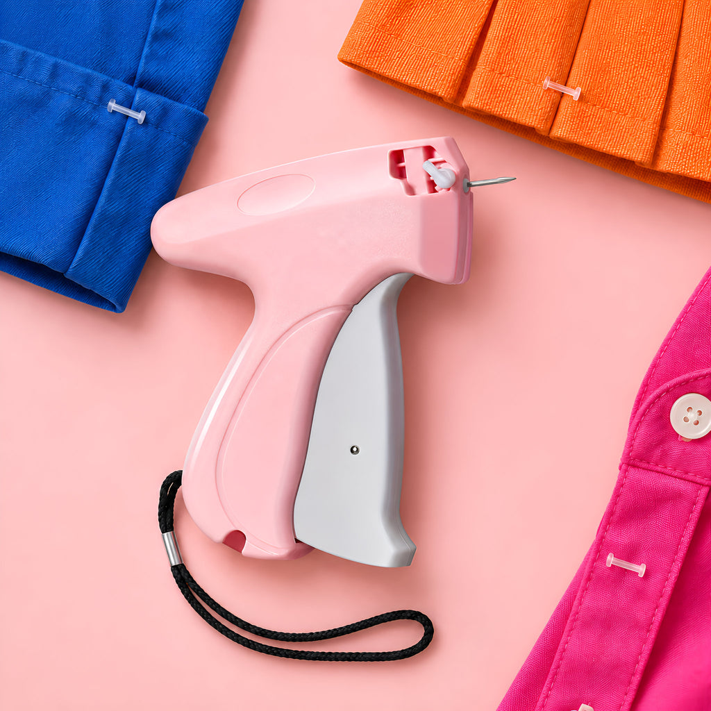 Pink Quick Stitch with blue, orange and pink garments, each held by a small clear fastener