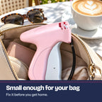 Pink Quick Stitch with its needle cap on, tucked in a handbag. Small enough for your bag.