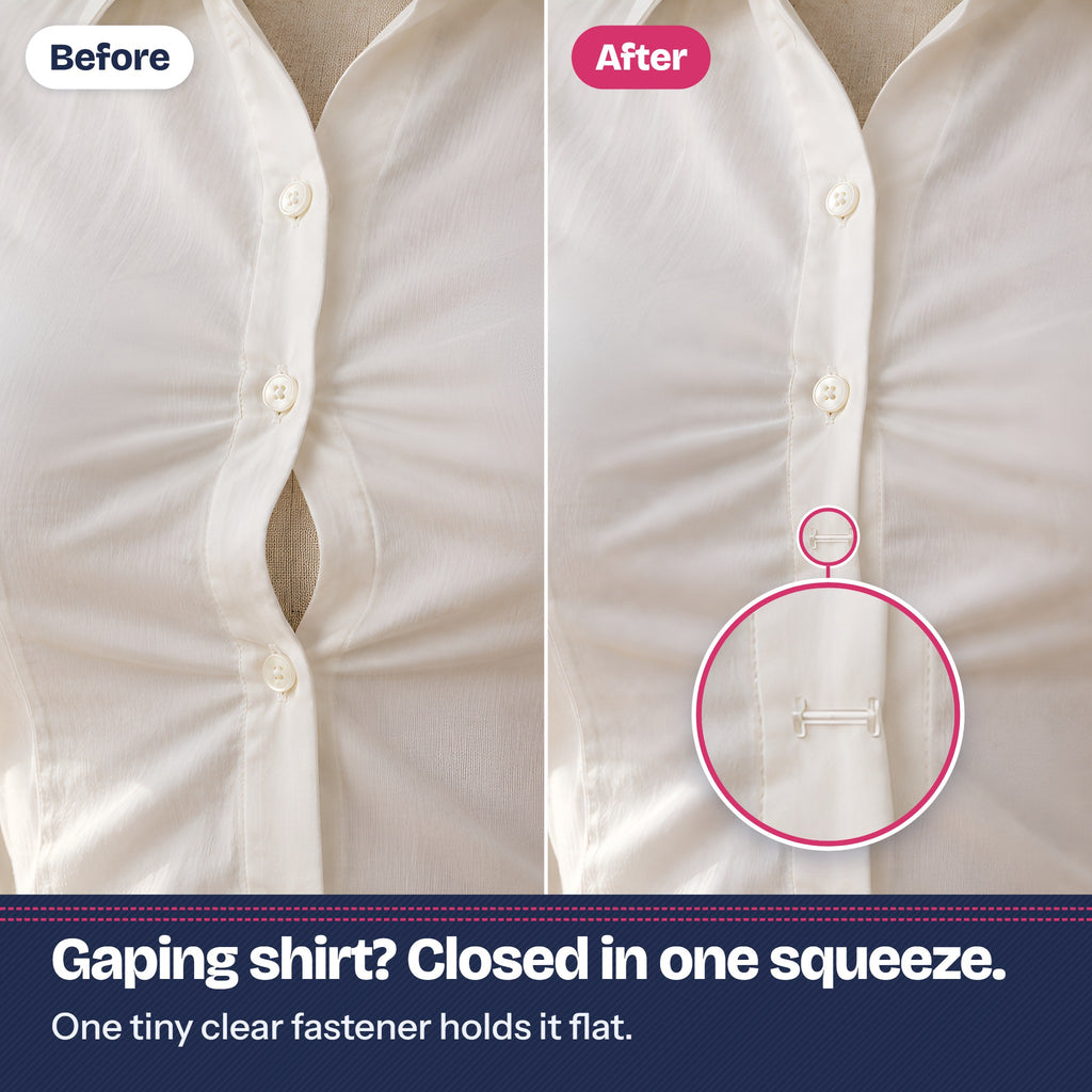 Before and after: a cream shirt gaping between buttons, then closed flat by one tiny clear fastener, shown close up
