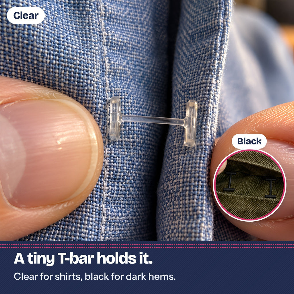 Close up of one tiny clear T-bar fastener holding a chambray shirt placket closed, with black T-bars inside an olive trouser hem in the inset