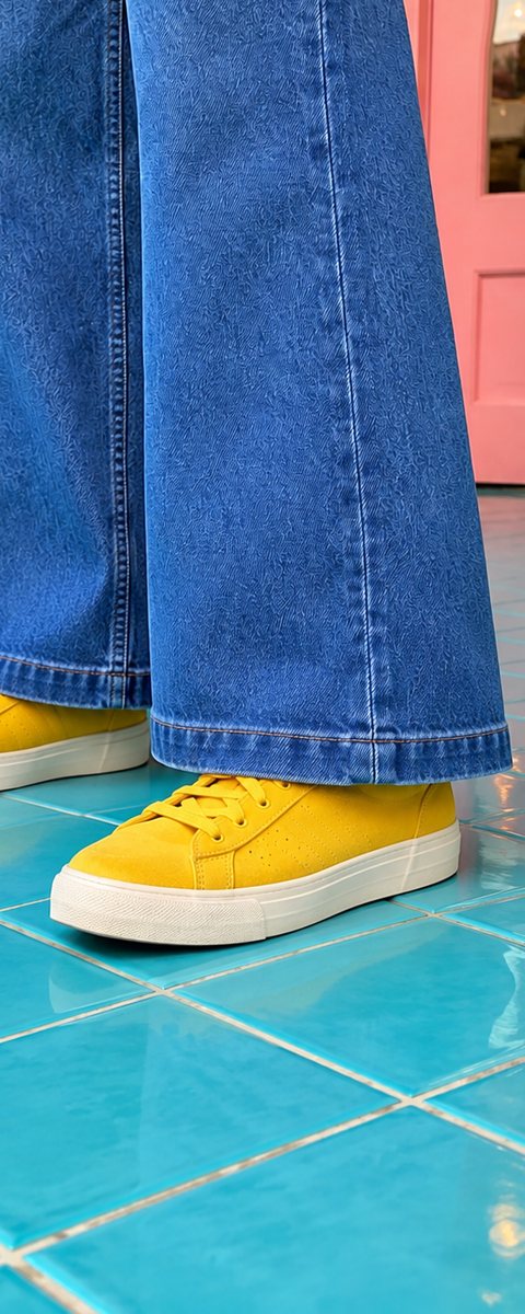 After: the jeans hemmed neatly above the yellow sneakers