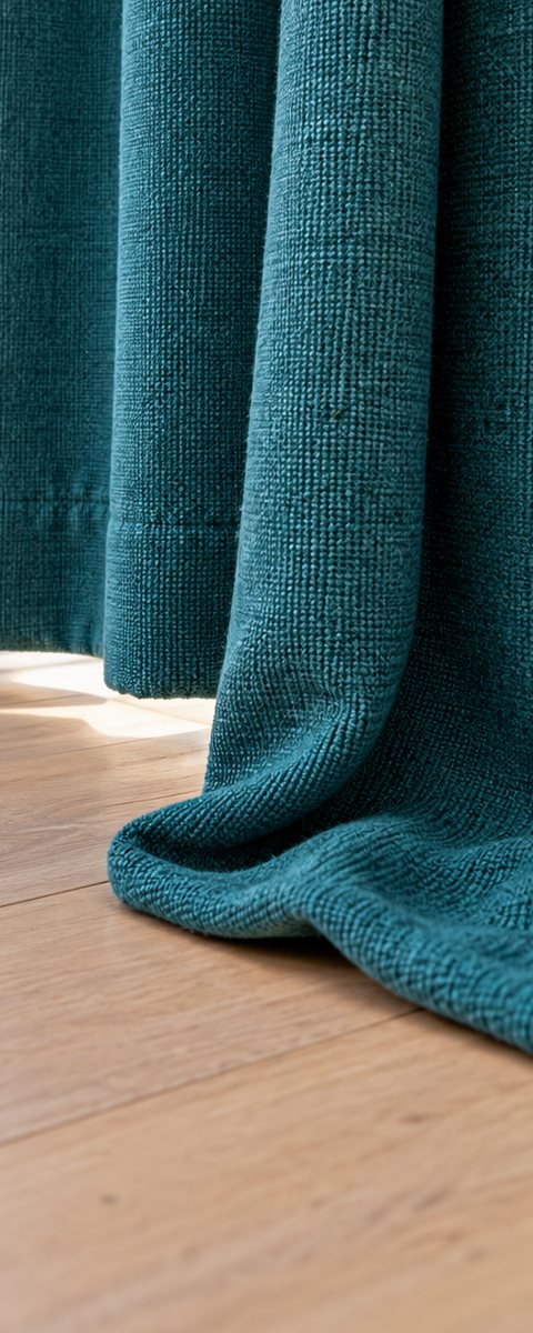 Before: a teal curtain puddling on a wooden floor