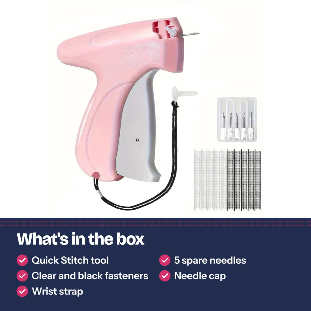 What's in the box: 1 Quick Stitch tool, 5 spare needles, clear and black fasteners, needle cap, wrist strap