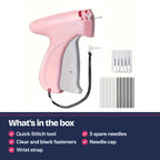 What's in the box: 1 Quick Stitch tool, 5 spare needles, clear and black fasteners, needle cap, wrist strap
